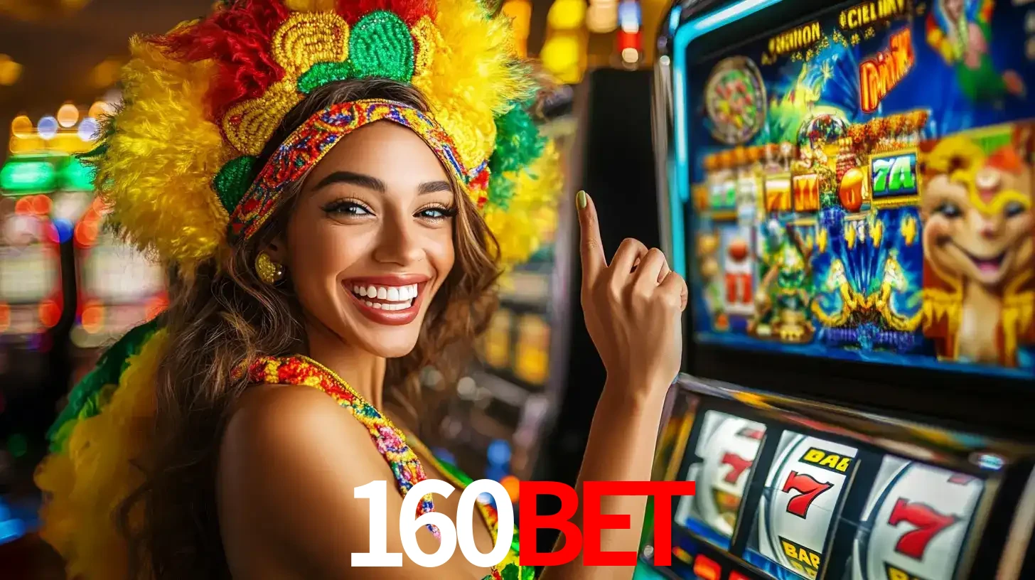 Mulher animada com um cocar de carnaval apontando para uma máquina de caça-níqueis, mostrando a emoção de ganhar um grande prêmio nos jogos do 160bet.