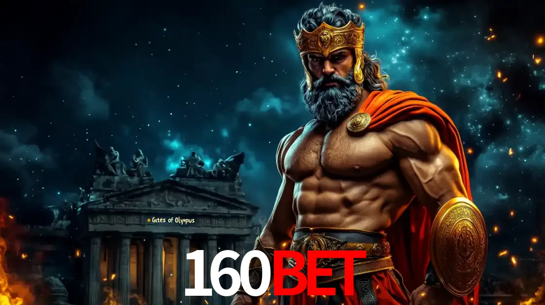O poderoso Zeus do jogo de slot Gates of Olympus em frente ao seu templo, pronto para lançar multiplicadores divinos e prêmios épicos no cassino online 160bet.