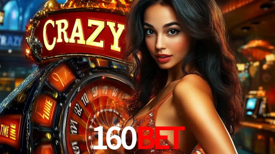 Mulher glamourosa olhando para a câmera com a roda vermelha do Crazy Time ao fundo em um ambiente de cassino, destacando a emoção dos jogos ao vivo no 160bet.