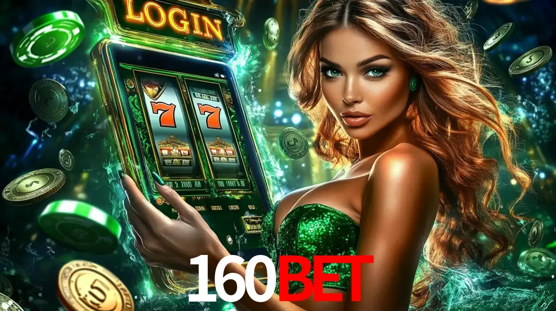 Mulher com tema verde apresentando o aplicativo do cassino 160bet com um jogo de slot de 777, cercada por fichas de cassino e uma aura de sorte.