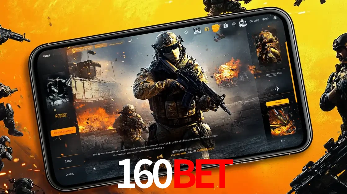 Um smartphone exibindo a interface de um jogo de tiro em primeira pessoa, com um soldado em um cenário de batalha, representando a ação dos e-sports para apostar no 160bet.