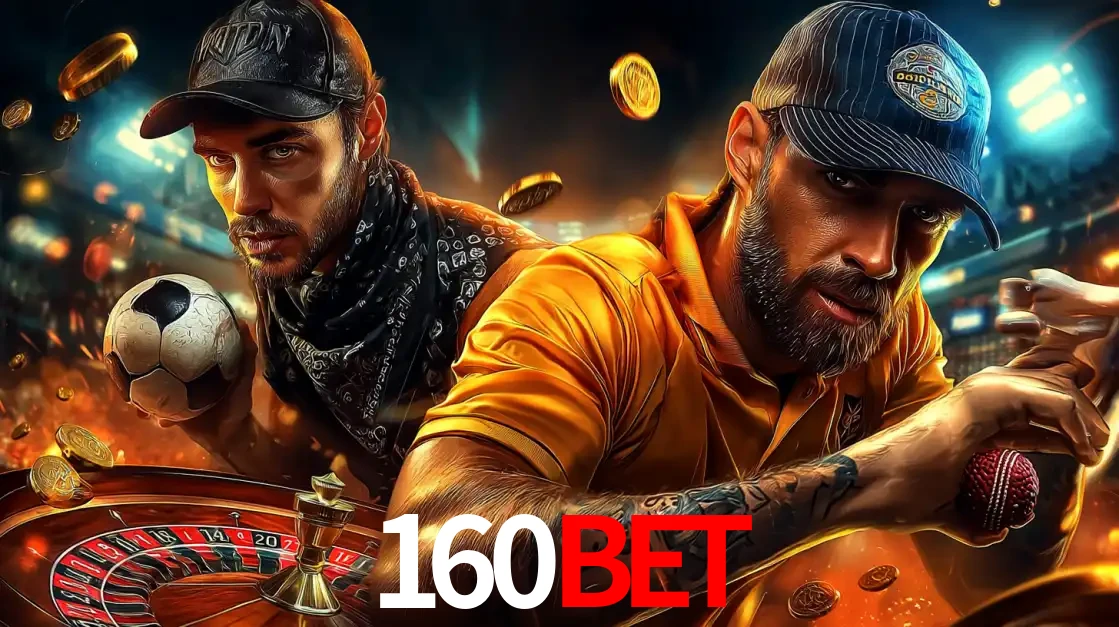 Montagem de apostas esportivas e cassino no 160bet, com um homem segurando uma bola de futebol e outro uma de beisebol sobre uma roleta e moedas voadoras.