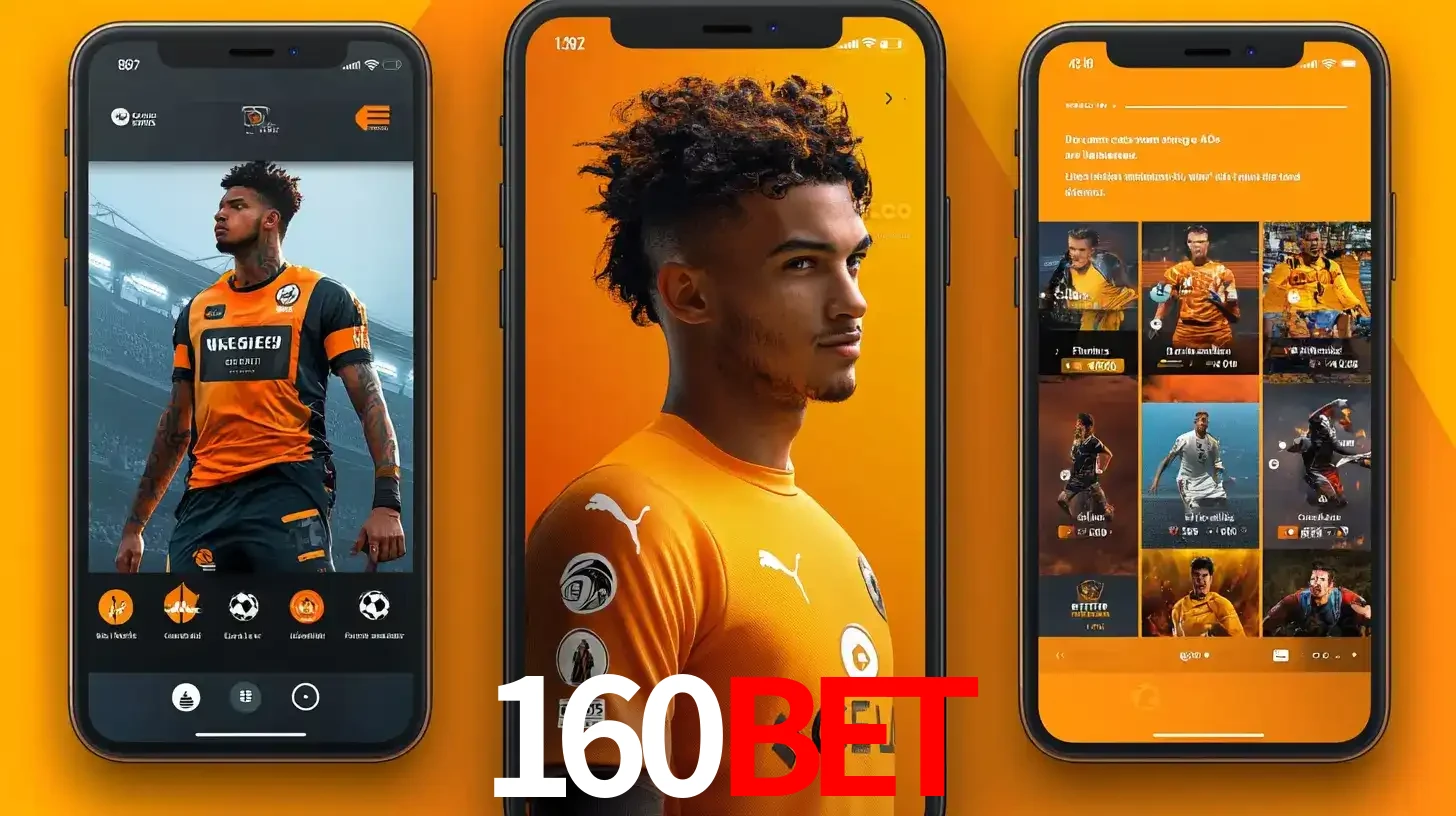 Interface do aplicativo de apostas esportivas 160bet em três telas de celular, mostrando o perfil de um jogador de futebol e a lista de jogos disponíveis para apostar.