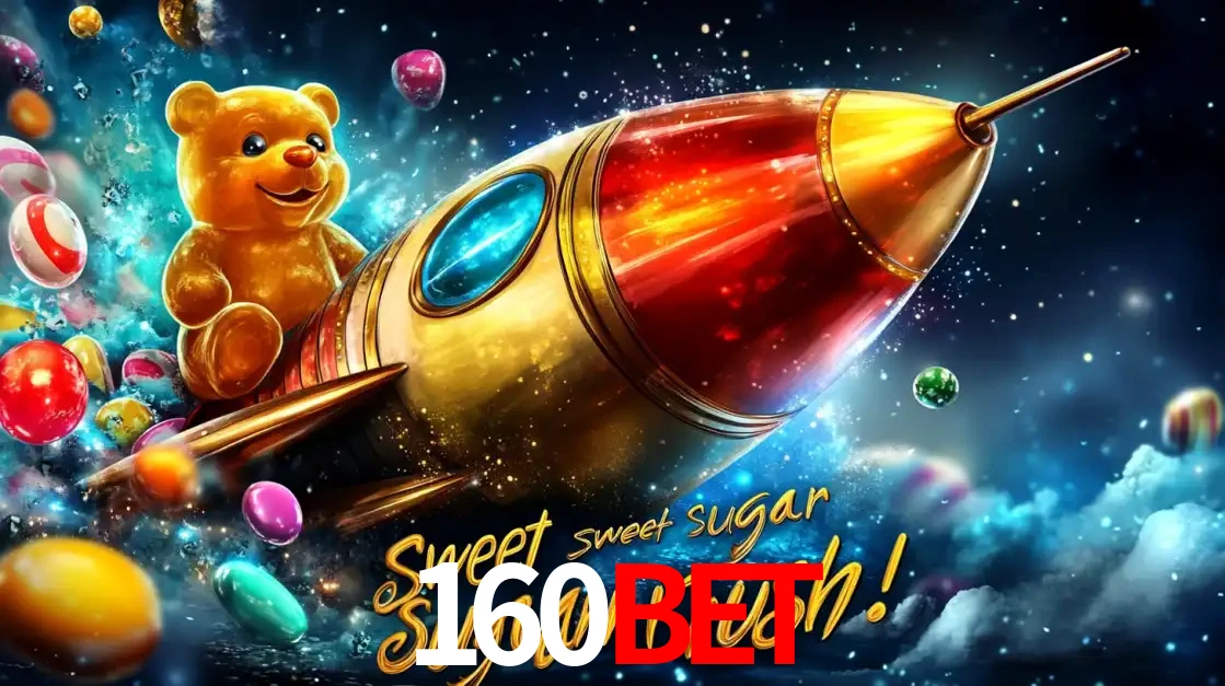 Arte promocional do jogo de slot Sugar Rush, com um urso de pelúcia em um foguete viajando pelo espaço de doces, um dos jogos divertidos disponíveis no cassino 160bet.