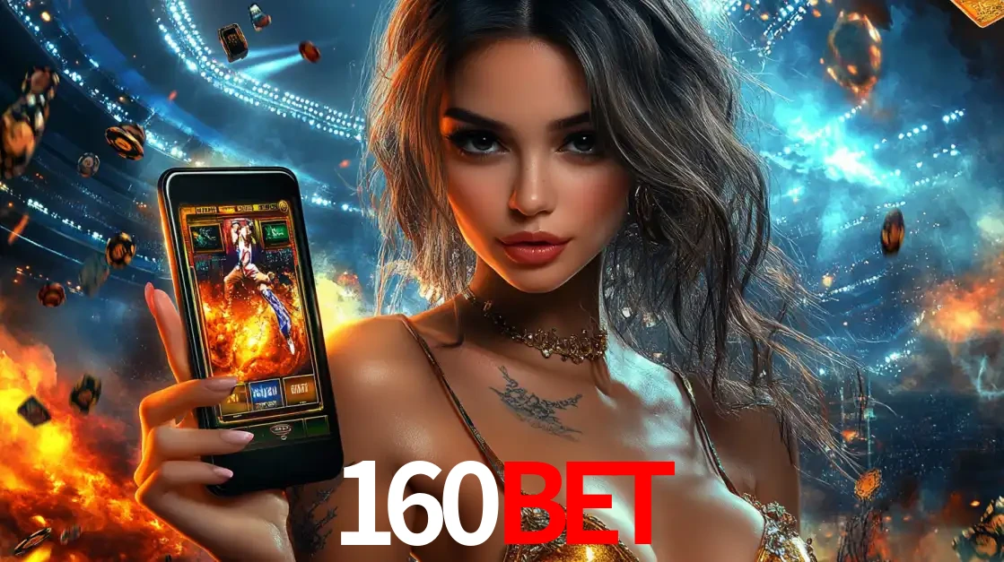 Mulher segurando um celular com um jogo de slot em destaque, tendo como fundo um estádio vibrante, simbolizando a emoção de jogar no cassino móvel 160bet.