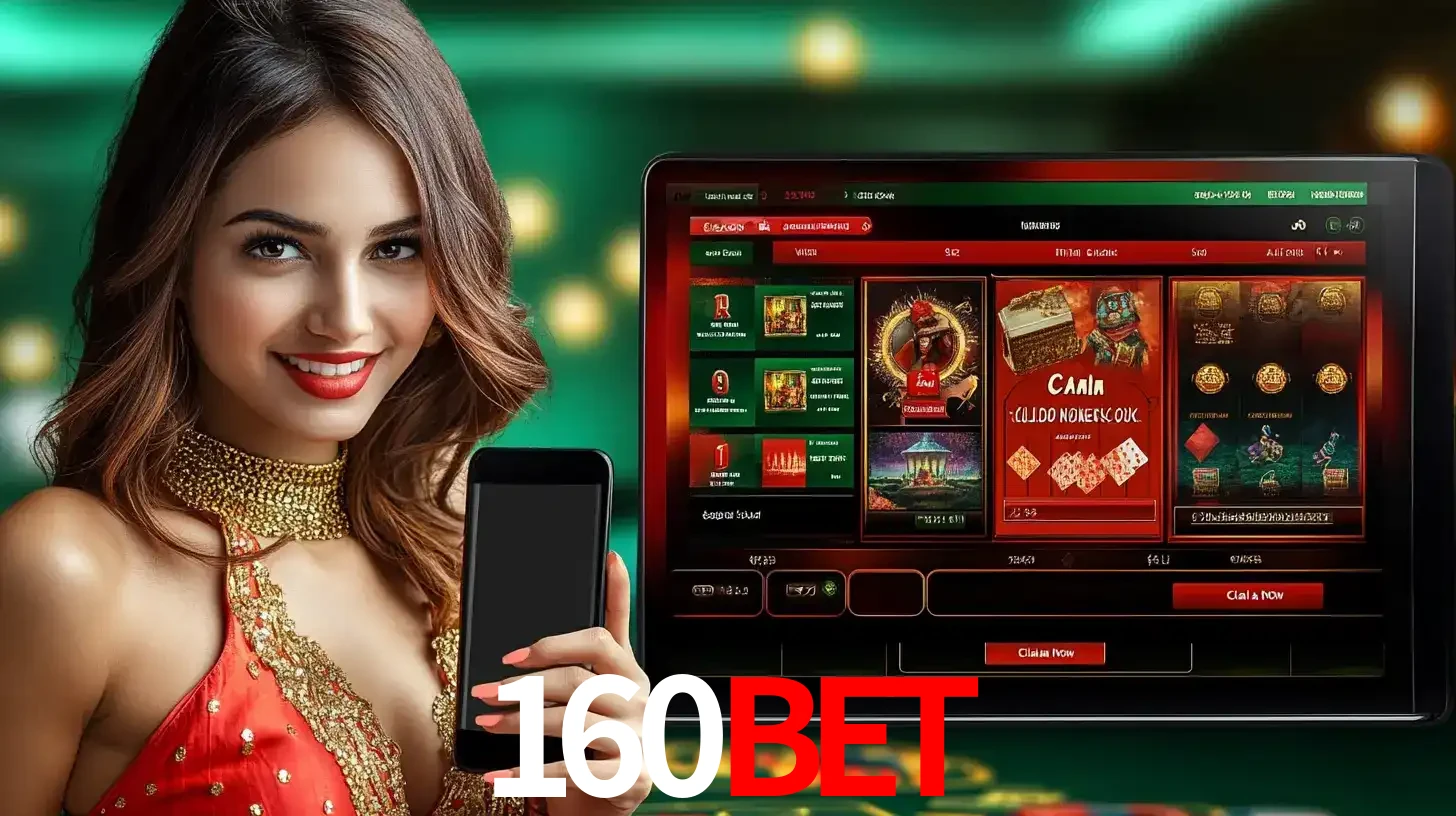 Mulher sorridente segurando um smartphone, ao lado de uma tela exibindo o lobby de jogos do cassino online 160bet, com várias opções de jogos de cartas e slots.